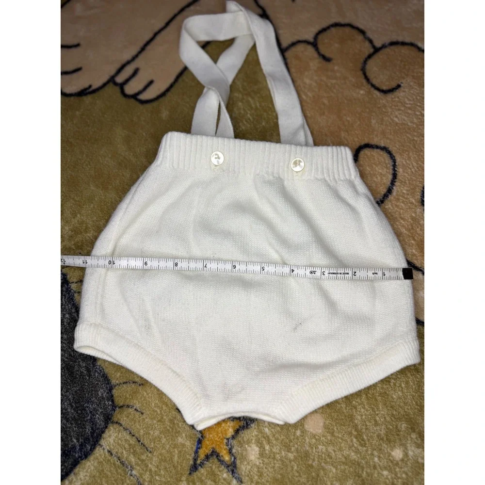Vintage Cradle Knit‎ Baby 3pc Set Cardigan Suspender Shorts Bonnet Cream White